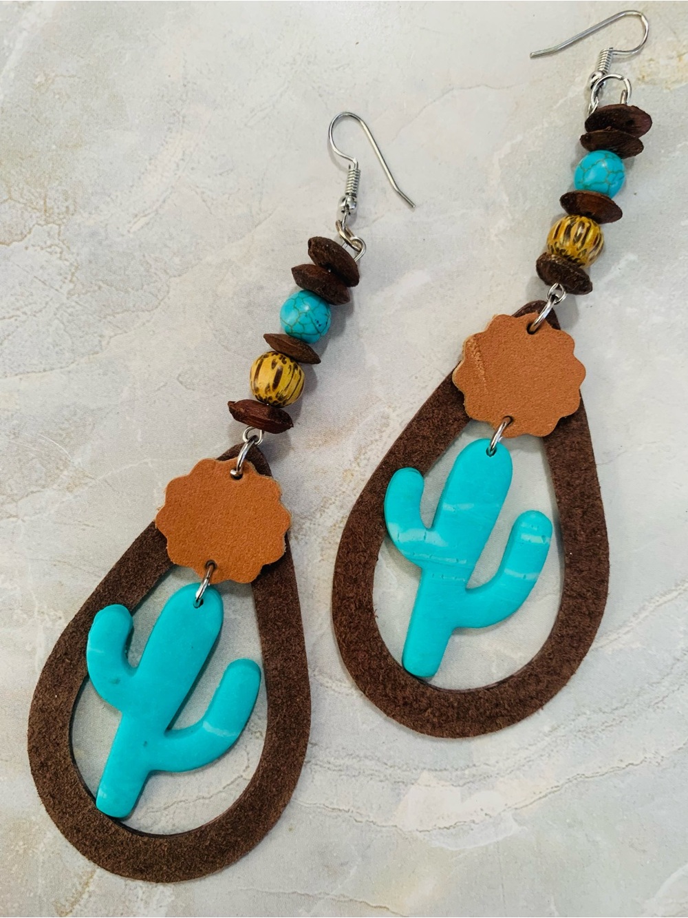 Southwest Style Turquoise Cactus Leather, Wood and Polymer Teardrop Earrings